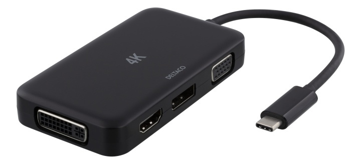 DELTACO USB-C till HDMI/DP/DVI/VGA-adapter, 4K, DP Alt Mode, svart i gruppen SMARTPHONE & SURFPLATTOR / Laddare & Kablar / Adaptrar hos TP E-commerce Nordic AB (38-74635)