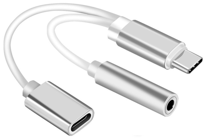 Dual Adapter USB-C till 3,5 mm jack och laddning, Silver i gruppen SMARTPHONE & SURFPLATTOR / Laddare & Kablar / Adaptrar hos TP E-commerce Nordic AB (38-80765)