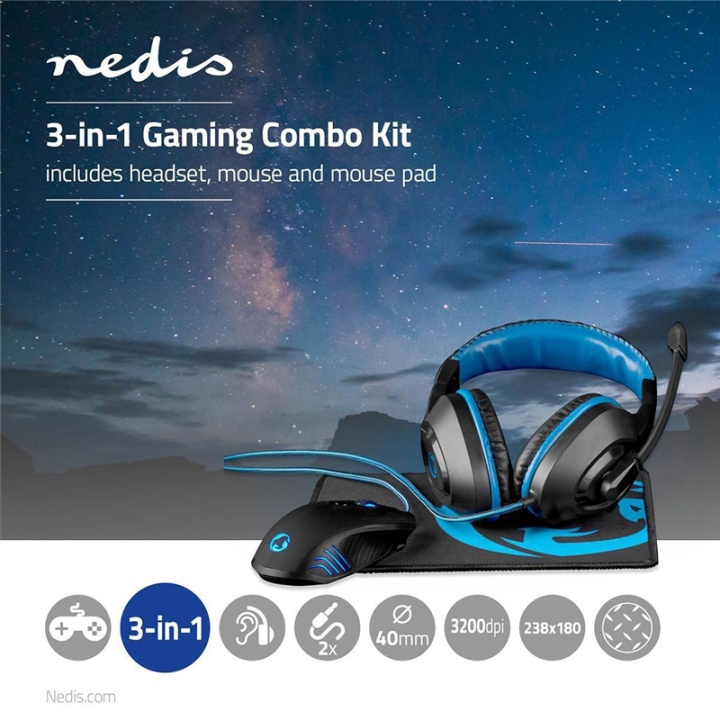 Nedis Gaming Combo Kit | 3-i-1 | Headset, mus och musmatta | Blå / Svart i gruppen DATORER & KRINGUTRUSTNING / Gaming / Möss hos TP E-commerce Nordic AB (38-95112)