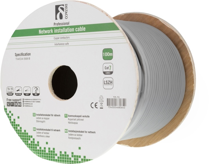 DELTACO S/FTP installationskabel Cat7, 100m, grå (TP-70)