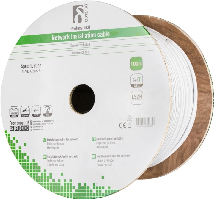 DELTACO S/FTP installationskabel Cat7, 100m, vit (TP-70C)