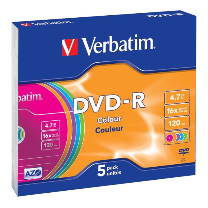 Verbatim DVD-R, 16x, 4,7 GB/120 min, 5-pakning slim case, AZO, farget (43557)