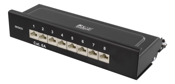 DELTACO Patchpanel, 8xRJ45, Cat6a, väggmonterbar, 10Gbps