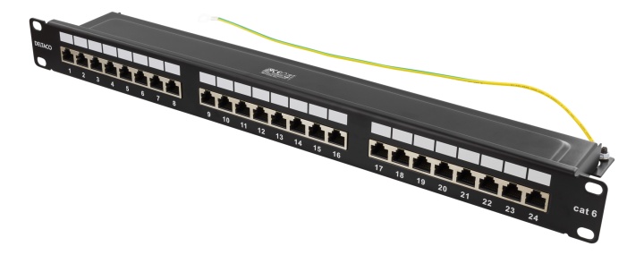 DELTACO 19" patchpanel, 24xRJ45, Cat6, 10Gbps, 1U, STP, metall