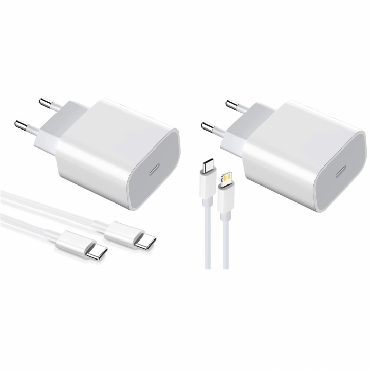 2-pakningslader for iPhone/Android 20W med USB-C til Lightning og USB-C - hurtiglader