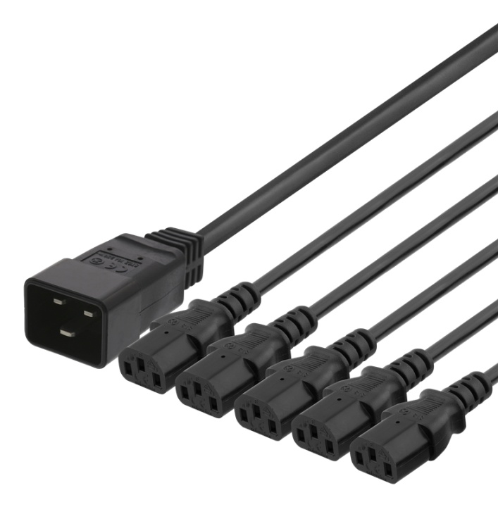 DELTACO Apparatkabel IEC C20 - 5x IEC C13, 3m, 16A/250V, Y-Splitter, s