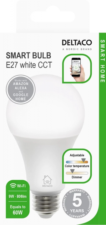 Deltaco Smart LED-Lampa E27, WiFi, dimbar, kall/varm