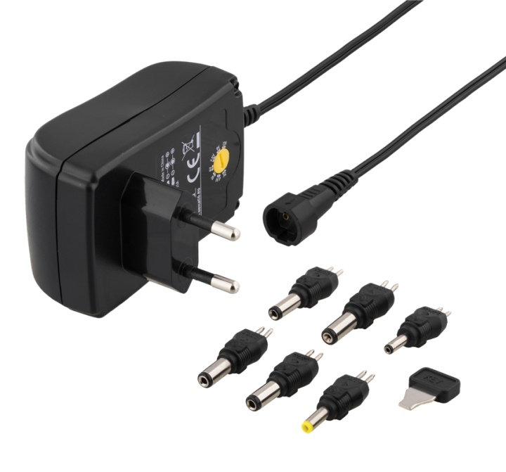 DELTACO switchable power supply, 100-240 V, 3-12 V, 1,5 A, 6 tips