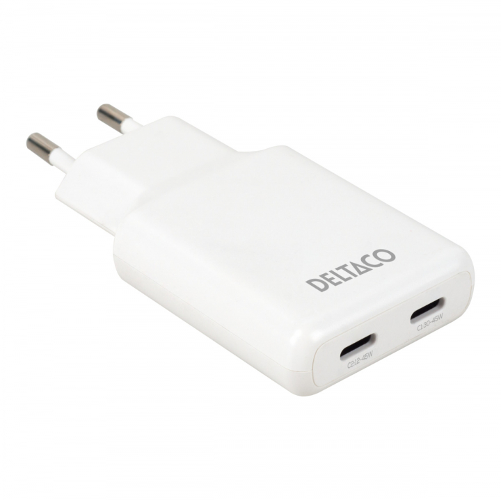 DELTACO USB-C väggladdare 45 W, 2x USB-C PD, slimmad storlek, total effekt 45 W