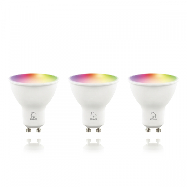 DELTACO SMART HOME LED-lampa, 3-pack, GU10, WiFI 2,4GHz, 5W, 470lm, dimbar, 220-240V, RGB