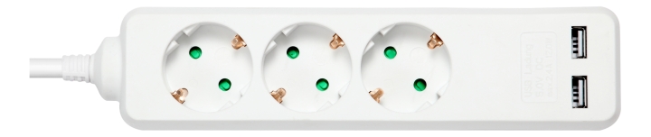 DELTACO Jordat grenuttag med 2x USB-A portar och 3x CEE 7/3 uttag, barnsäker, 1.5m
