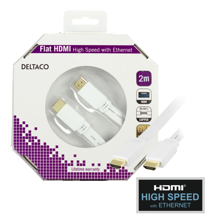 Deltaco Flat HDMI cable, HDMI High Speed w/ Ethernet, 4K, 2m