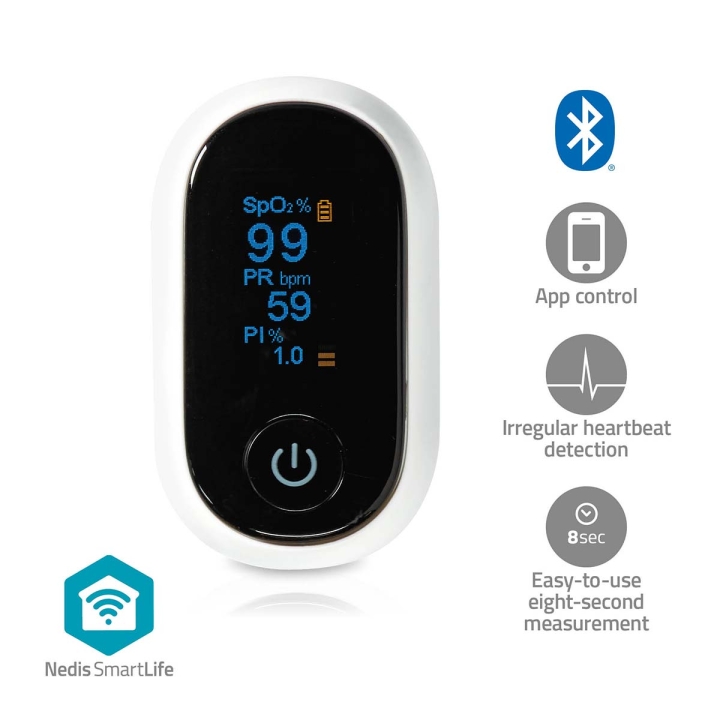 Nedis SmartLife Syremätare | Bluetooth® | OLED | Auditivt larm / Perfusionsindex / Pulsfrekvens / Sensor med hög precision / Störning av rörelsehindret / Syremättnad (SpO2)