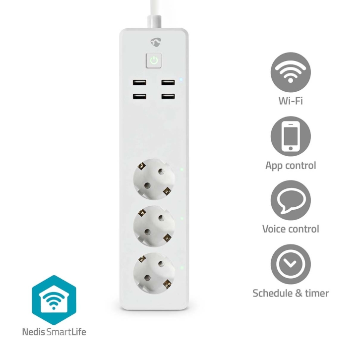 Nedis SmartLife Grenkontakt | Wi-Fi | 3x Jordad kontakt (CEE 7/3) / 4 x USB | 16.0 A | 3680 W | 1.80 m | -10 - 40 °C