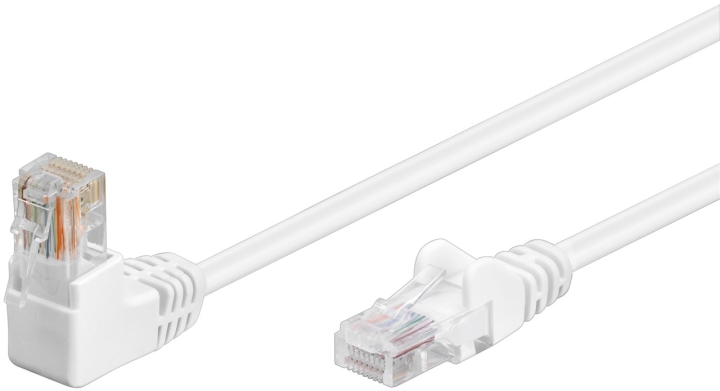 Goobay Patchkabel CAT 5e, 1x 90° vinklad, U/UTP, vit, 5 m kopparklädd aluminiumtråd (CCA), 1x RJ45-plugg 90 ° (8P8C)