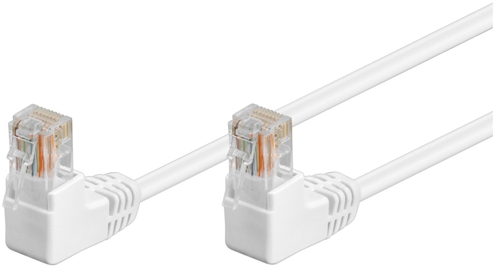 Goobay Patchkabel CAT 5e, 2x 90° vinklad, U/UTP, vit, 10 m kopparklädd aluminiumtråd (CCA), 2x RJ45-plugg 90 ° (8P8C)