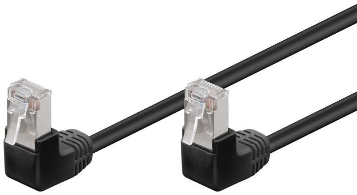 Goobay Patchkabel CAT 5e, 2x 90° vinklad, F/UTP, svart, 5 m kopparklädd aluminiumtråd (CCA), 2x RJ45-plugg 90 ° (8P8C)