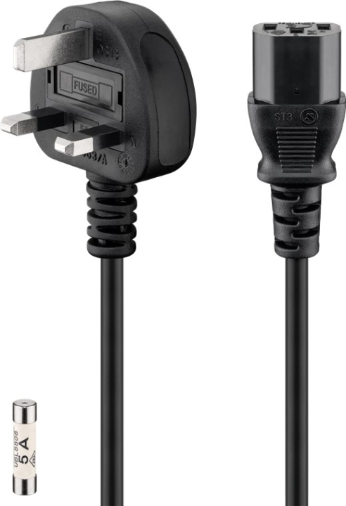 Goobay UK kall apparatkabel, 1,5 m, svart Brittisk 3-polig kontakt (typ G, BS 1363) > apparatuttag C13 (IEC-kontakt)