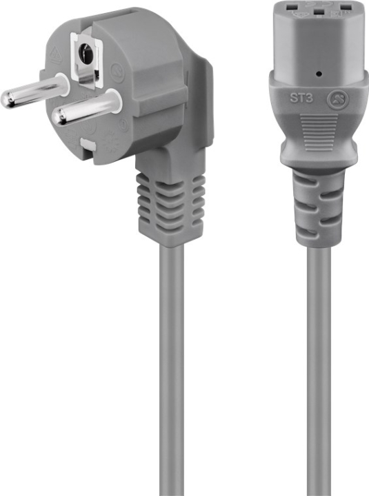 Goobay Kabel för anslutning av kallt apparat, 2 m, grå, vinklad Jordkontaktstift (typ F, CEE 7/7) > Uttag C13 (kall apparatanslutning)