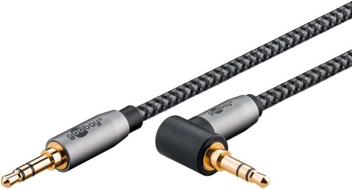Goobay Ljudanslutningskabel AUX, 3,5 mm stereo, 90°, 1 m, Sharkskin Grey Pawl 3,5 mm plugg (3-stift, Stereo) > Pawl 3,5 mm plugg (3-stift, stereo) 90 °