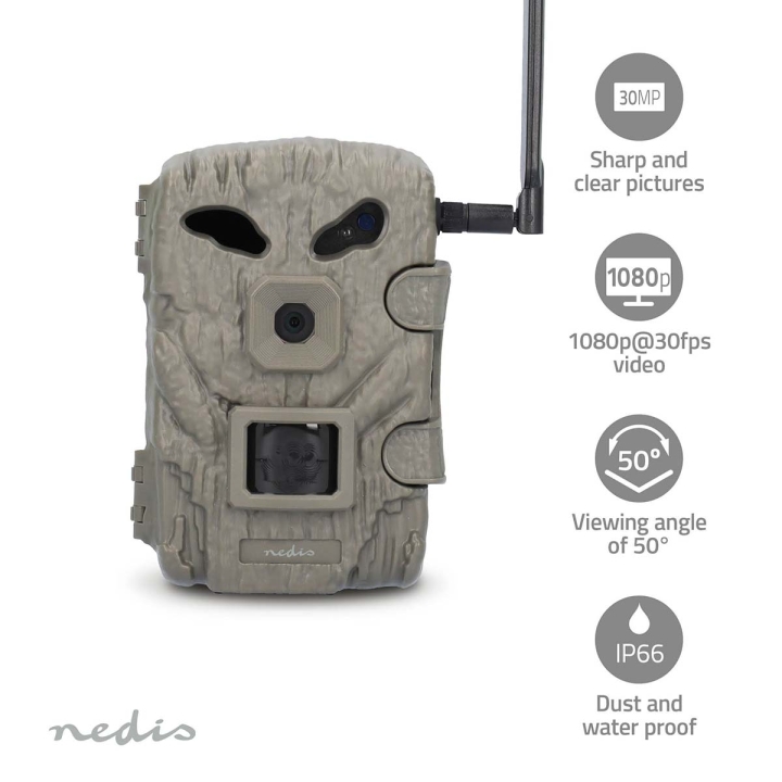 Nedis Wildlife Camera | | 1080p@30fps | 30.0 MPixel | 2 MPixel CMOS | IP66 | | Black No-Glow IR | Night vision | Viewing angle: 50 ° | Motion sensor | Detection angle: 50 ° | Detection range: 20 m