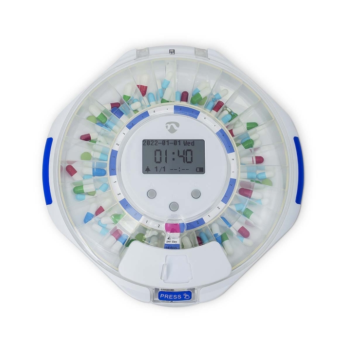Nedis SmartLife Pill Dispenser | Wi-Fi | 28 Fack | Antal larmtider: 9 larmtider per dag | Ljus / Pip / Röst