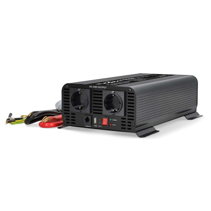 Nedis Strömväxelriktare | Inspänning: 12 V DC | Enhetens utgångsanslutning: Type F (CEE 7/3) / USB-A / 1x USB-C™ | 230 V AC 50 Hz | 1000 W | Toppeffekt: 2000 W | Skruv terminal | Ren sinusvåg