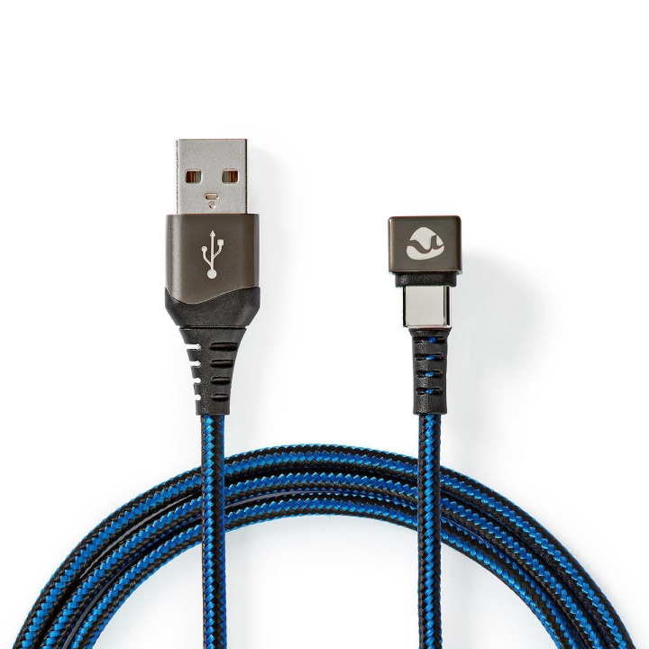 Nedis USB-kabel | USB 2.0 | USB-A Hane | USB-C™ Hane | 480 Mbps | Guldplaterad | 2.00 m | Rund | Flätad / Nylon | Blå / Svart | Kartong med täckt föns