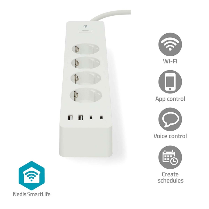 Nedis SmartLife Grenkontakt | Wi-Fi | 2x USB-A / 2x USB-C™ / 4x plug with earth contact (CEE 7/3) | 16.0 A | 3680 W | 2.00 m | 0 - 55 °C