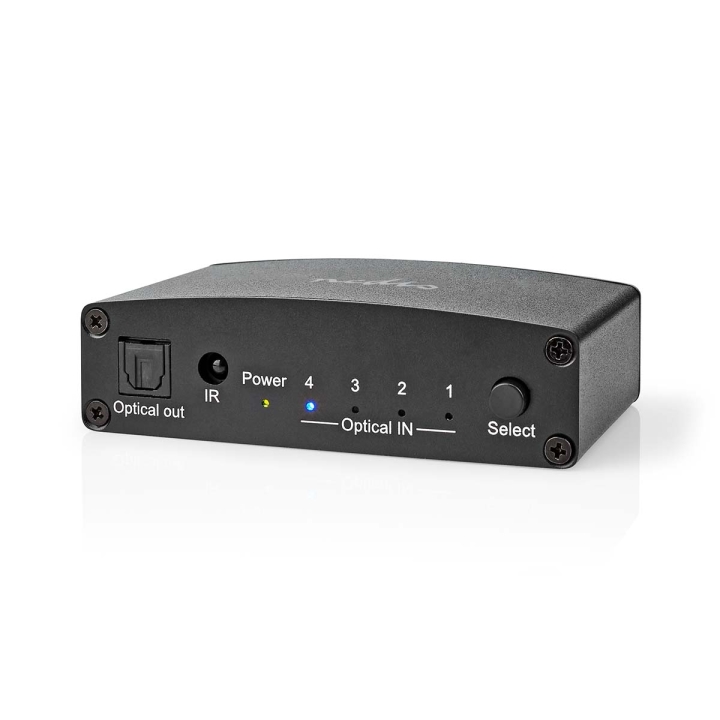 Nedis Digital Audio Switch | 4-vägs | Ingång för audio/video/dataanslutningar: DC Power / 4x TosLink | Audio / video / dataanslutningar utgång: TosLink Female | Fjärrkontroll / Instruktionsbok / Knapp