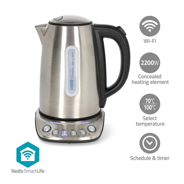 Nedis SmartLife Vatten kokare | Wi-Fi | 1.7 l | Rostfritt stål | 70,80,90,100 °C | Temperatur indikation | Roterbar 360 grader | Dolt värmeelement