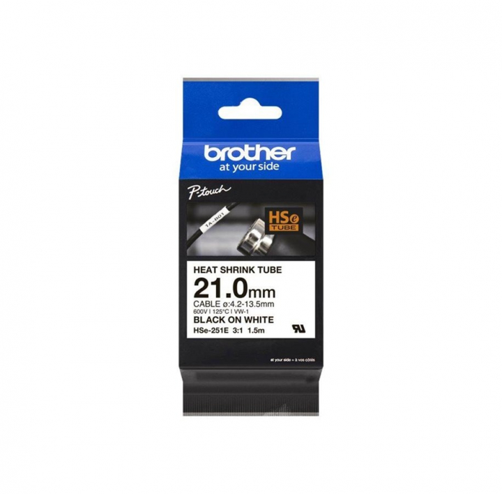 Brother HSe-251E, svart text på vit bakgrund, 21 mm