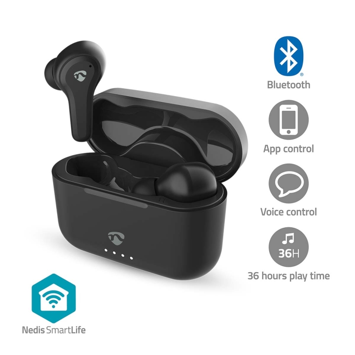 Nedis Fullt Trådlösa hörlurar | Hybrid (ENC + ANC) | Bluetooth® | Batteri 1 driftstid standardanvändning: 2160 min | Tryck på Kontroll | Batteri hölje | Trådlöst laddningsfodral | Inbygd mikrofon