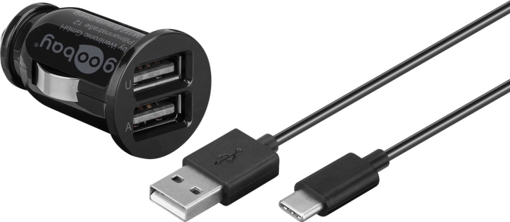 Goobay Dual USB laddare för bil USB-C™, USB-A (12 W) Laddningsadapter för bil med 2x USB-A och USB-C™-kabel 1,0 m