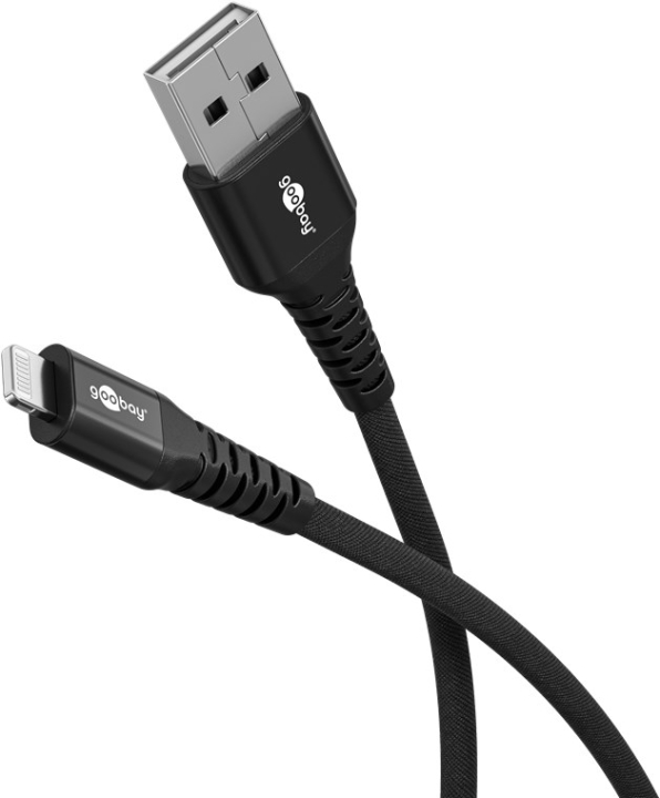 Goobay Lightning-USB-A supersoft textilkabel med metallkontakter, 0,5 m, svart MFi-certifierad, elegant och extra robust laddnings- och synkroniseringskabel för Apple iPhone/iPad