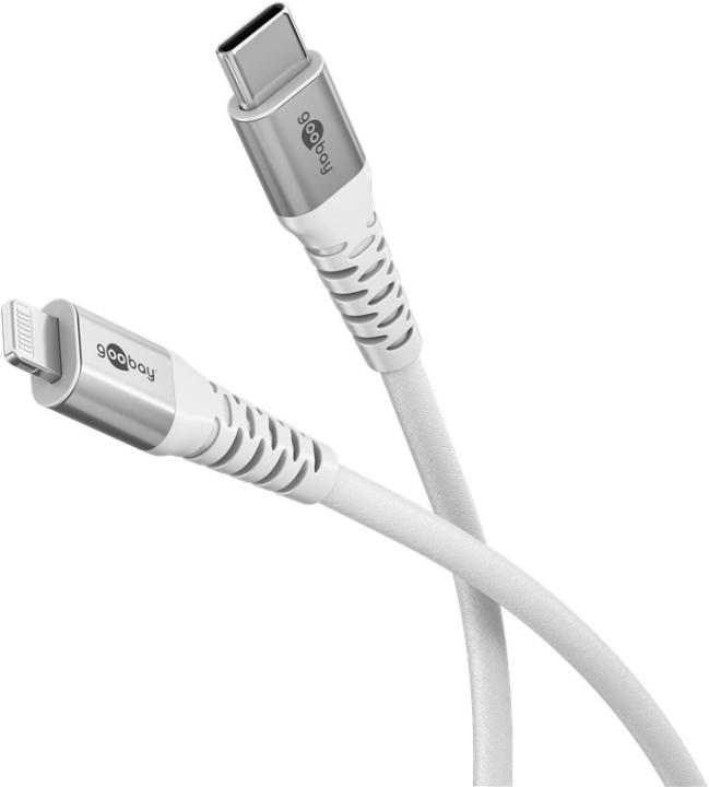 Goobay Lightning-USB-C™ supersoft textilkabel med metallkontakter, 3 m, vit MFi-certifierad, elegant och extra robust laddnings- och synkroniseringska