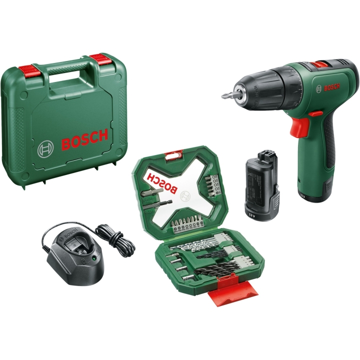 sladdlös borrskruvdragare EasyDrill 1200 + 34-delat bits- och borrset (2x Li-ion-batteri 1,5Ah, väska)