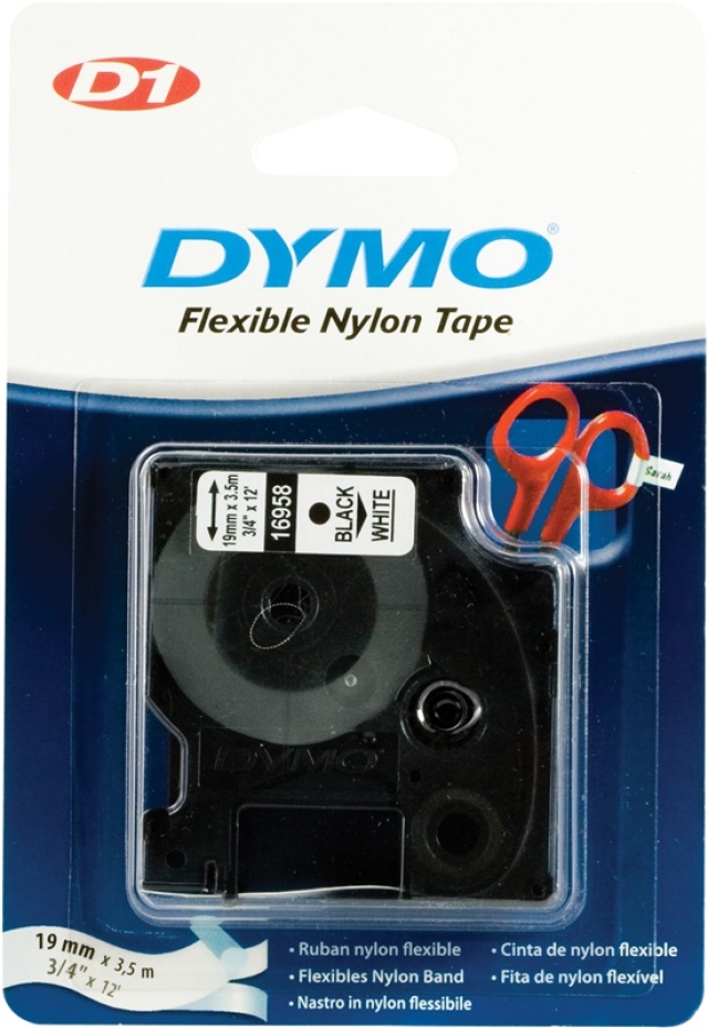 DYMO D1 märktejp flex nylon 19mm, svart på vitt, 3.5m rulle (S0718050)