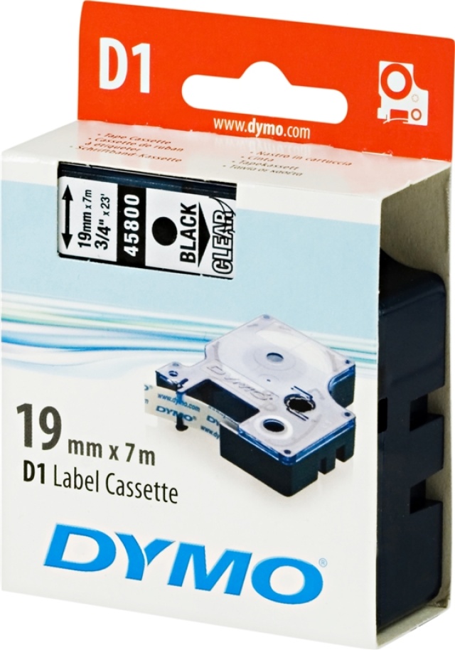 DYMO D1 märktejp standard 19mm, svart på transparent, 7m rulle (45800)