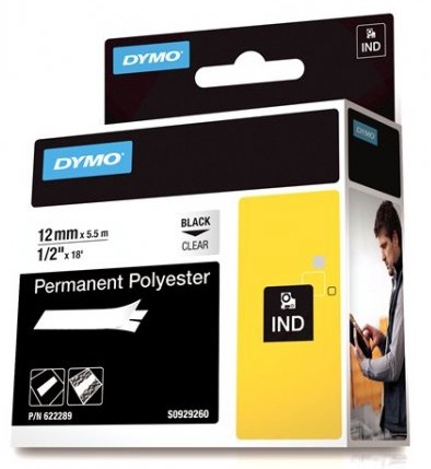 DYMO Rhino Prof, polyestertejp, 12mm, svart text trans tejp, 5,5m (622289)