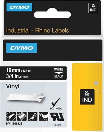 DYMO RhinoPRO 19mm vinyltejp, vit på svart, 5.5m rulle (1805436)