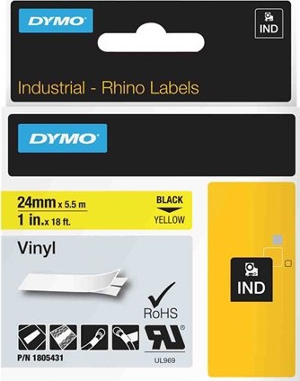 DYMO RhinoPRO 24mm vinyltejp, svart på gul, 5.5m rulle (1805431)