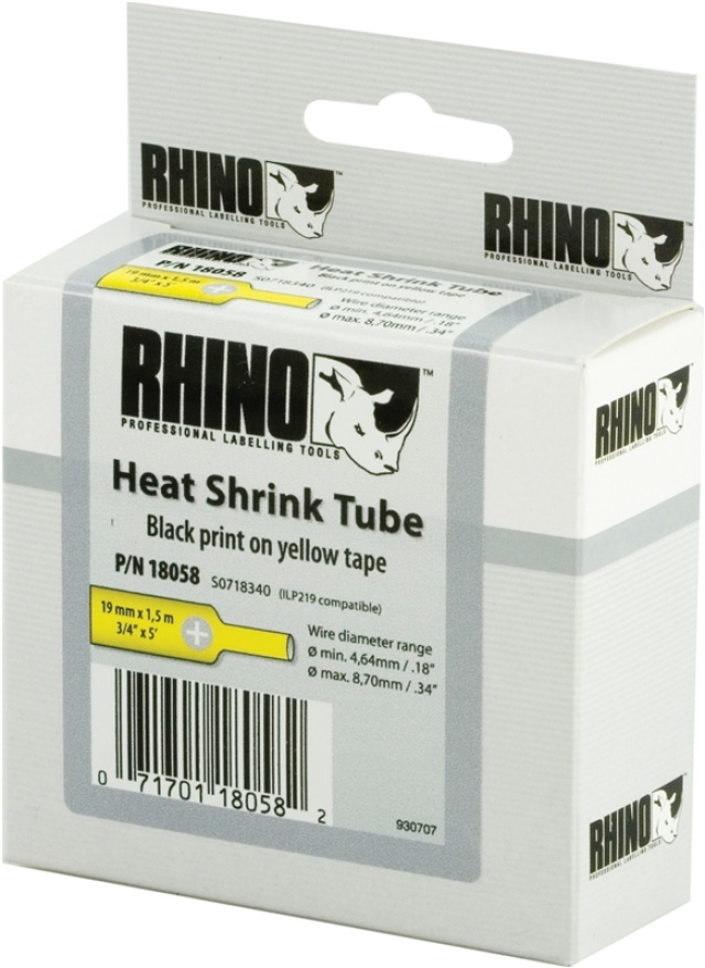 DYMO RhinoPRO märkbar krympslang 19mm, svart på gult, 1.5m rulle (18058)