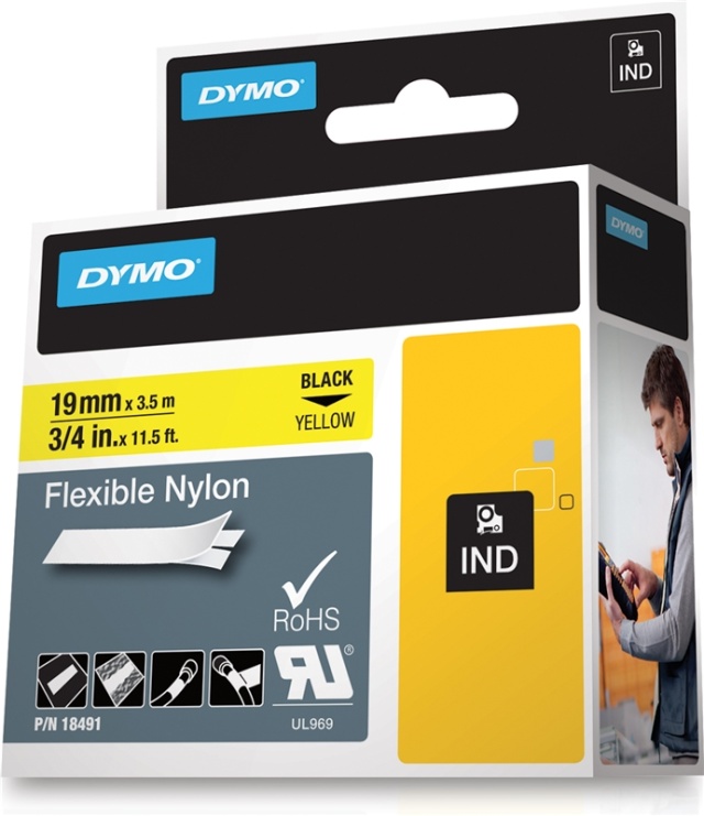 DYMO RhinoPRO märktejp flex nylon 19mm, svart på gult (18491)