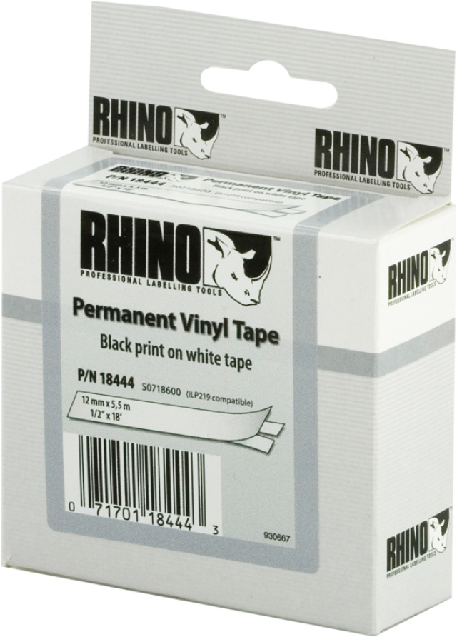 DYMO RhinoPRO märktejp perm vinyl 12mm, svart på vitt, 5.5m rulle (18444)