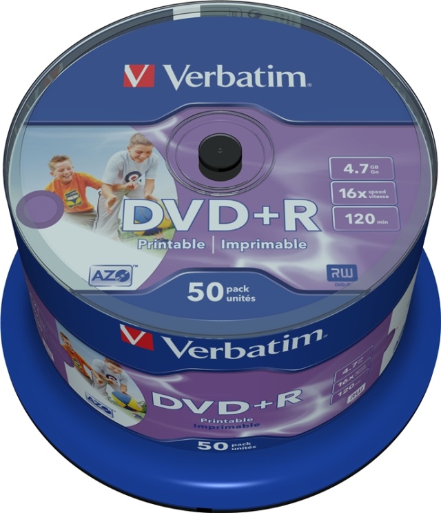 Verbatim DVD+R, 16x, 4,7 GB/120 min, 50-pack spindel, AZO, printable (43512)
