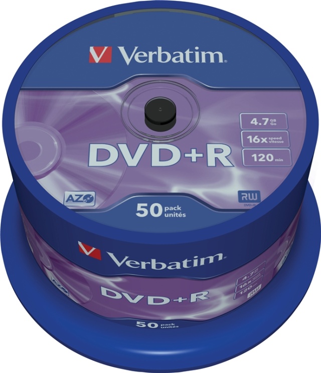 Verbatim DVD+R, 16x, 4,7 GB/120 min, 50-pack spindel, AZO (43550)