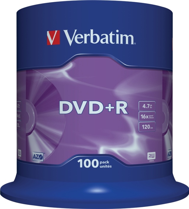 Verbatim DVD+R, 16x, 4,7 GB/120 min, 100-pack spindel, AZO (43551)