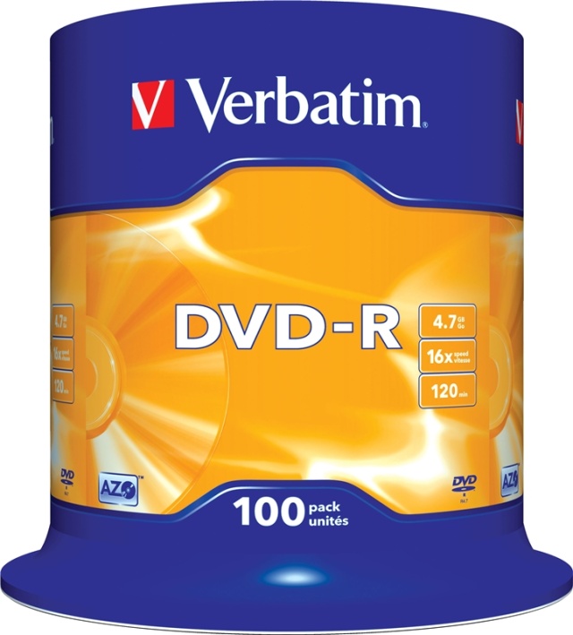 Verbatim DVD-R, 16x, 4,7 GB/120 min, 100-pack spindel, AZO (43549)