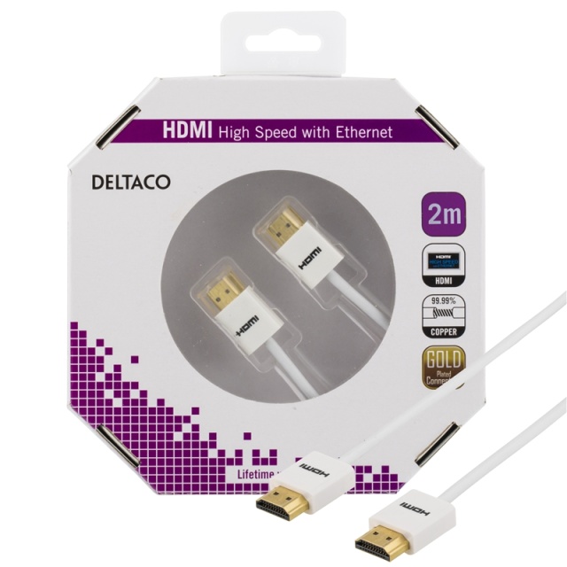 Deltaco tunn HDMI-kabel, 2m, vit blister (HDMI-1092A-K)